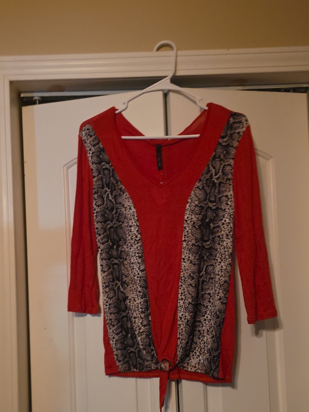 5/$25 Women's Red V-Neck Tie-Front Tunic with Snake-Print Panels